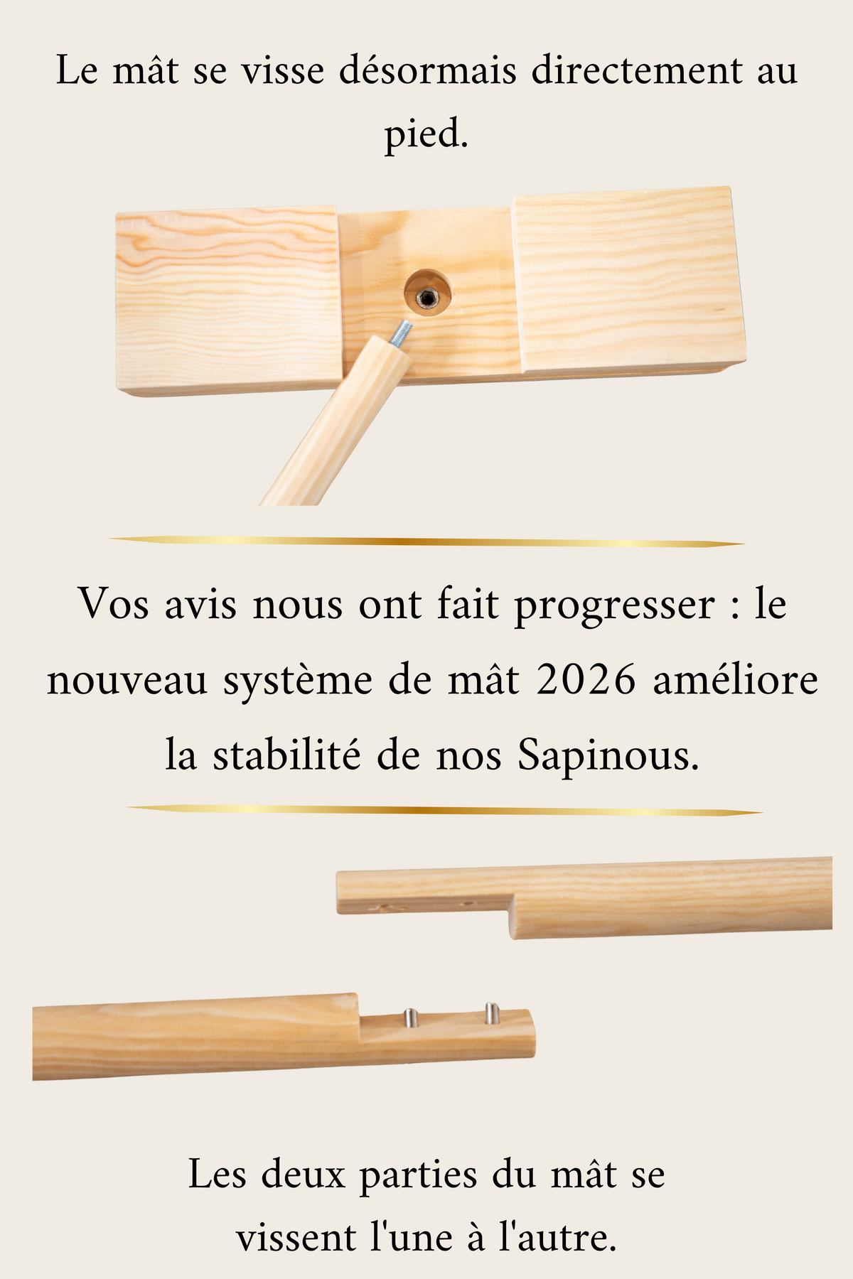Affiche présentant les nouveautés 2026 : mât vissé au pied et  parties du mât vissées entre elles
